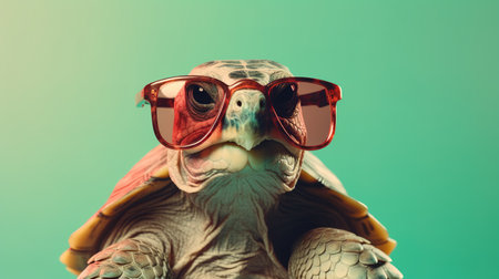 Funny turtle tortoise with cool sunglasses looking at camera over green background. Generative AIの素材