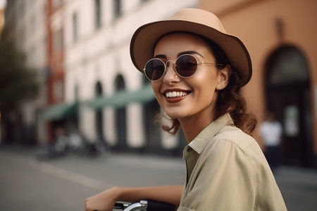 Beautiful happy Hispanic woman riding bike in Europe. Portrait, close up with focus on foreground. Generative AIの素材