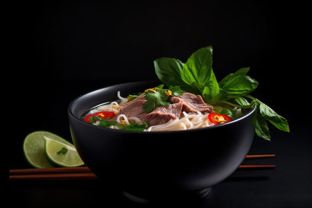 Close up shot of Pho dish, a Chinese noodle soup with beef and veggies. Black background. Generative AIの素材