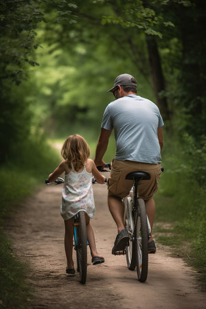 Father and his little daughter enjoying riding bikes in the forest. Generative AI Vertical shotの素材