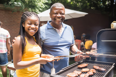 African American dad celebrating Father's day with barbeque with his daughter and family in the backyard. Generative AIの素材