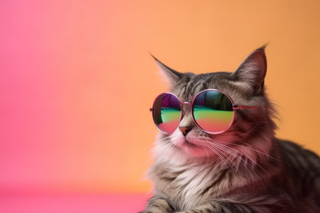 Cute cat wearing cool sunglasses over gradient pink background with copy space. Generative AIの素材