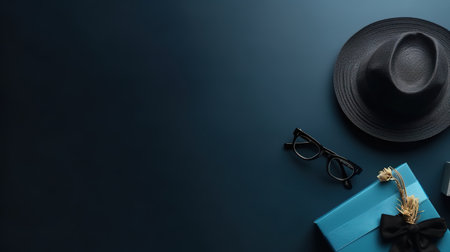 Father's day sale background template with hat, eyeglasses, and gift box with copy space for text. Generative AIの素材