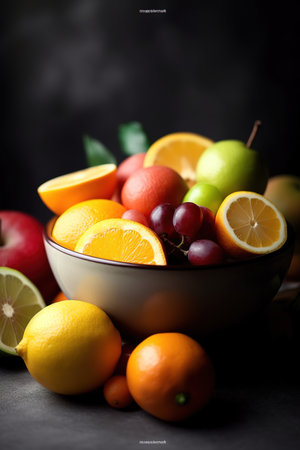 Gourmet food photography of bowl full of fresh fruits over dark background. Generative AI Vertical shotの素材