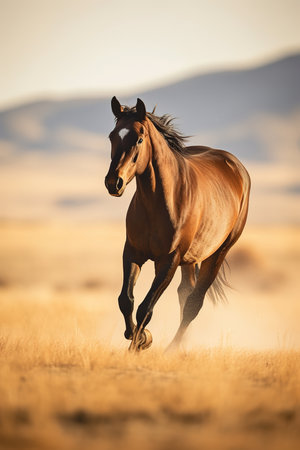 Wild horse running across plain plateau. Generative AI Vertical shotの素材