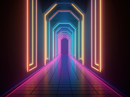 Neon light hallway with fluorescent colors. Generative AI digital artの素材