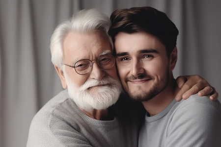Senior father and young adult are embracing each other. Happy gather's day concept. Generative AIの素材