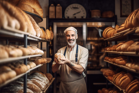 Mature man baker in bakery shop looking at camera and smiling. Generative AIの素材