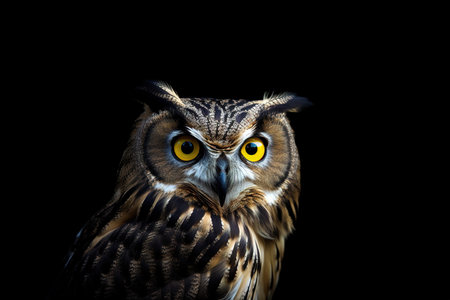 Adorable owl looking at camera over black background. Generative AIの素材