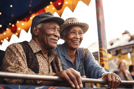Happy senior African American couple enjoy evening at carnival festival. Generative AIの素材