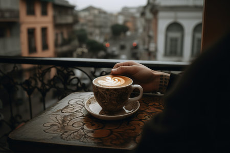 Having coffee at balcony with amazing view of European city. Generative AIの素材
