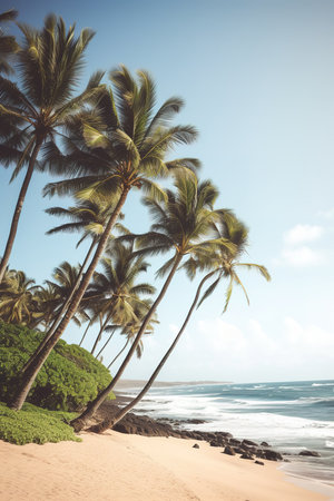 Palm trees by ocean beach in Hawaii. Generative AI Vertical shotの素材