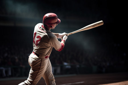 Baseball player swinging a bat at pitch in the stadium. Dark background. Generative AIの素材