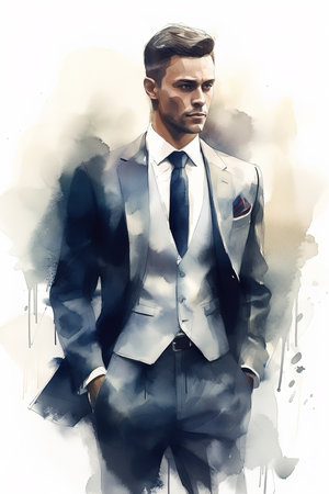 Watercolor illustration of model male wearing elegant suit over white background. Generative AIの素材
