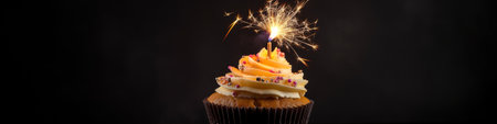 Birthday cupcake with sparkling light over dark background with copy space. Generative AIの素材