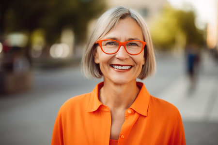 Mature woman with orange shirt and cool eyeglasses smiling at camera in outdoors portrait. Generative AIの素材