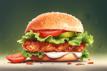 Illustration of a fried chicken burger. Generative AIの素材
