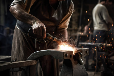 Close up shot of blacksmith forging a sword at workshop. Generative AIの素材