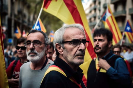 Group of Catalan people during protest in the streets in Spain. Generative AIの素材