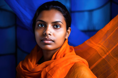 Colorful portrait of Indian young woman looking at camera. Generative AIの素材