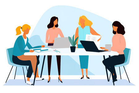 Flat design illustration of four powerful women working in the office. Generative AIの素材