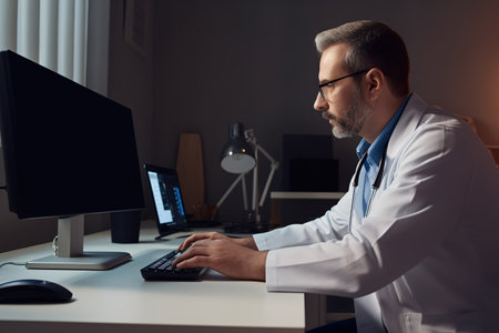 Doctor on his office working on computer. Generative AIの素材
