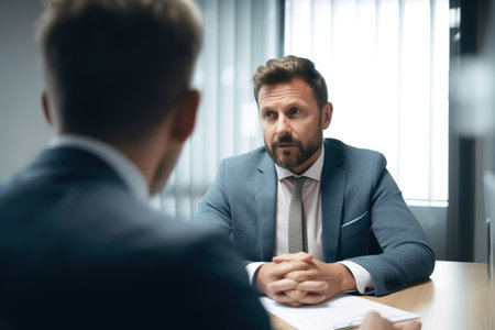 Businessman manager during job interview with applicant. Focus on foreground, selective focus. Generative AIの素材