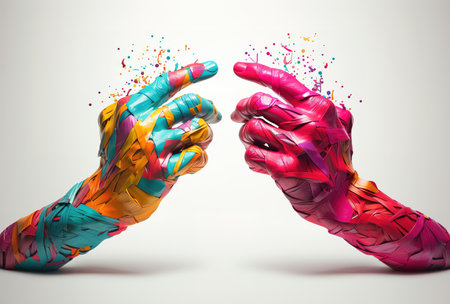 3D abstract digital illustration of two hands interacting over white background. Generative AIの素材