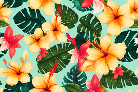 Colorful tropical flower pattern background. Generative AIの素材