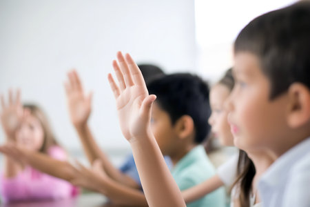 Child raising hand at school, close up focus on foreground, unrecognizable people. Generative AIの素材
