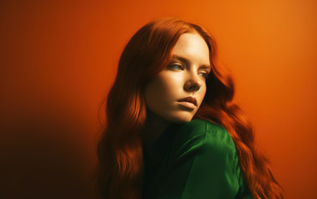 Gorgeous red hair young woman posing over dark orange background and looking aside. Generative AIの素材
