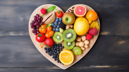 Heart shaped wooden board full of fresh fruits. Healthy eating concept. Generative AIの素材
