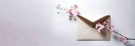Layout background of envelope with cherry blossom branch and big copy space for text. Generative AIの素材