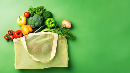 Layout top view green background with reusable shopping bag with vegetables inside. Plastic free, ecology concept. Generative AIの素材