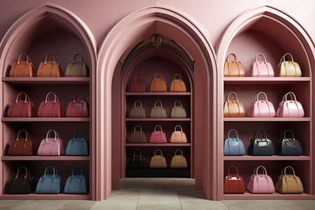 Display of variety of colorful handbags at shopping store. Generative AIの素材