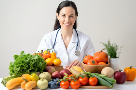 Happy female professional nutritionist posing looking at camera with a bunch of vegetables. Generative AIの素材