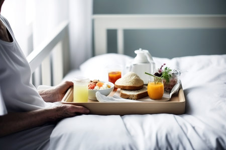 Senior patient at hospital sitting on bed receiving tray with lunch meal. Close up, unrecognizable person. Generative AIの素材