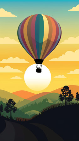 Illustration of colorful hot air balloon ascending into the sky at sunrise. Generative AI vertical digital artの素材