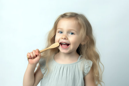 Little girl smiling while holding toothbrush over isolated studio shot background. Generative AIの素材