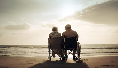 Back view of elderly couple sitting in their wheelchair by the beach looking at sunset. Generative AIの素材