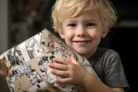 Little Caucasian boy holding gift box as present for his birthday. Head shot close up portrait. Generative AIの素材