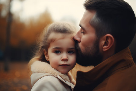 Father kissing his little daughter in the park. Father's day concept. Close up, focus on foreground. Generative AIの素材