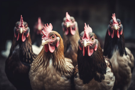 Close up shot of chickens looking at curiously at camera. Focus on foreground. Generative AIの素材