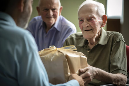 Senior old man receiving gift in nursing home. Close up shot, selective focus. Generative AIの素材