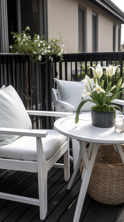 Small deck of apartment with outdoor chairs and table. Generative AI vertical shotの素材