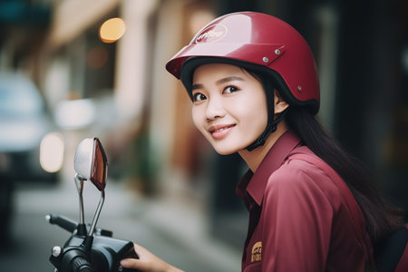 Asian woman in deliver uniform working on motorcycle in the streets. Generative AIの素材