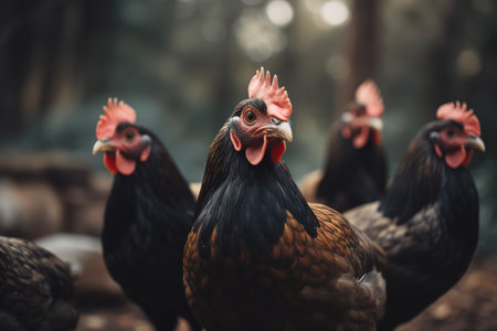 Close up shot of chickens in outdoors. Generative AIの素材