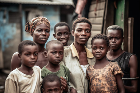 Poor numerous African family standing in their front door. Generative AIの素材