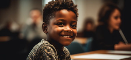 Young African American happy boy portrait at school. Close up, focus on foreground. Generative AIの素材