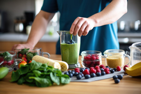 Close up shot of person preparing healthy energetic smoothie at home. Generative AIの素材